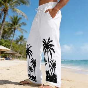 Detailed side view of men's white summer beach pants featuring black palm tree prints