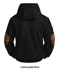 Back view of black jacquard textured men's hoodie with brown elbow patches.