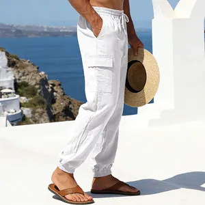 Weiße atmungsaktive Herren Cargo-Leinenhose mit Taschen und elastischem Bund für Sommer