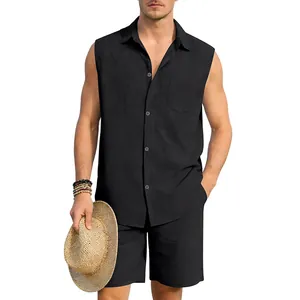 Detailansicht des schwarzen ärmellosen Leinenhemds und der Shorts für Herren