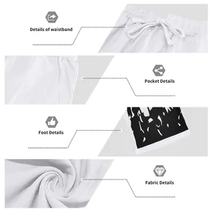 Detailed views of men's printed casual pants: waistband, pocket, foot, and fabric