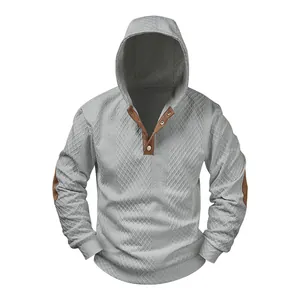 Men Fashion Jacquard Knit Hoodie American Casual Loose Pullover Top With Button Neckline Retro Elbow Patches Sweatshirt Spring