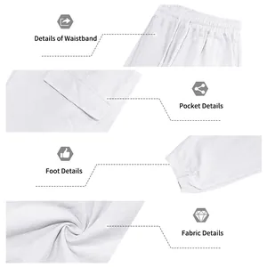 Detailansichten der weißen Leinenhose: Bund, Tasche, Saum und Stoffstruktur im Detail.