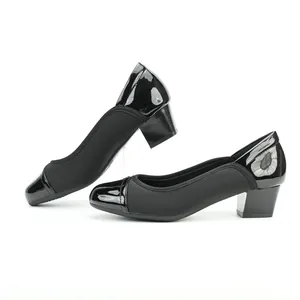 Classic black block heel shoes for women with square toe and patent leather details