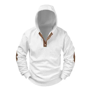 Men's white jacquard hooded sweatshirt with textured diamond pattern and Henley collar