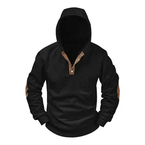 Men's black jacquard casual hoodie with buttoned henley collar and elbow patches.