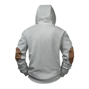 Men's casual light grey hoodie featuring unique jacquard texture and brown elbow patches