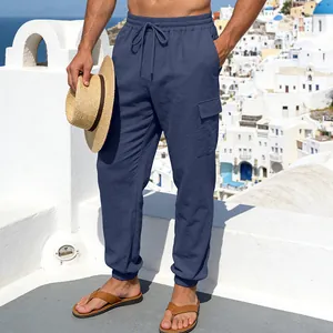 Atmungsaktive marineblaue Leinen-Cargohose für Herren mit Kordelzug und Joggerbündchen
