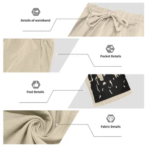 Close-up of men's casual beach pants with drawstring waist, pocket and fabric details.
