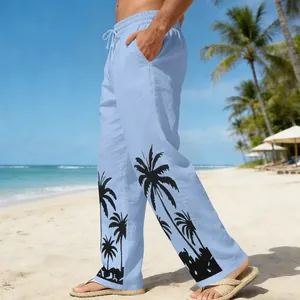Side view of men's light blue casual beach pants featuring black palm tree silhouettes.