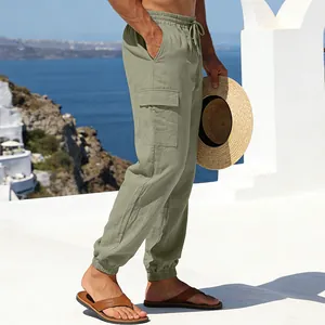Atmungsaktive Herren-Cargohose aus Leinen in Olivgrün mit Taschen für den Sommer
