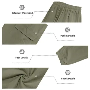 Detailansicht der Herren-Leinen-Cargohose mit Bund, Tasche und Stofftextur