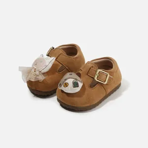 Toddler suede Mary Jane shoes with cute animal patches and soft rubber soles