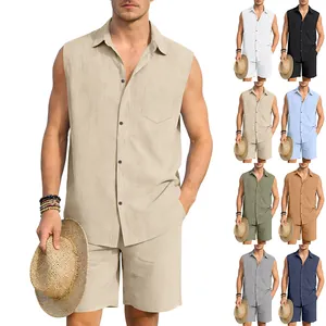 Herren Leinen Ärmelloses Hemd Und Shorts Top Und Bottom Sommer Strand Lässig Atmungsaktiv Leicht Mode Outdoor Kleidung