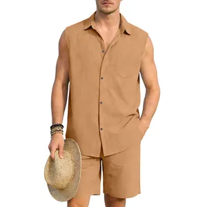 Full view of men's tan sleeveless linen shirt and shorts set for summer beach vacation