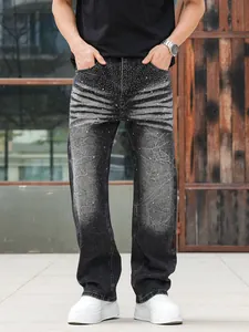 Detail view of men's washed black jeans with rhinestone accents and straight leg cut