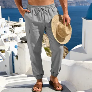 Lockere Herren-Leinen-Cargohose mit elastischem Bund und Kordelzug in grauem Stil.