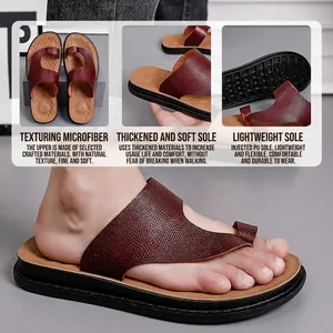 Men's brown PU leather flip-flops with a thick non-slip sole for casual beach wear