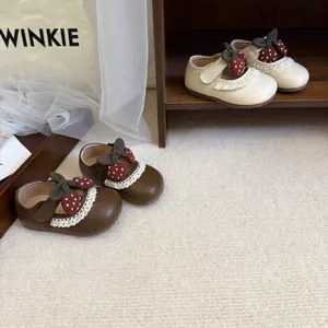 Girls Princess Mary Jane Shoes Lace Trim Strawberry Bow Soft Sole Microfiber Leather Sweet Toddler Flat Shoes