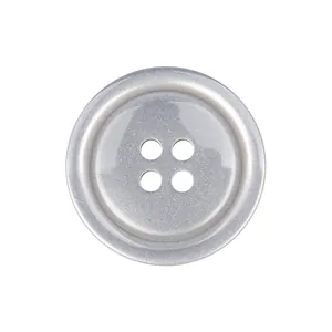 High-quality grey resin four-hole button for coats and shirts on white background