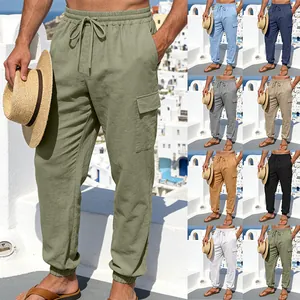 Herren Leinen Cargo Hose Lässig Mehrere Taschen Kordelzug Taille Jogger Atmungsaktiv Outdoor Urlaub Einfarbig Modische Hose