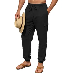 Atmungsaktive Herren-Cargohose aus schwarzem Leinen mit Gummizug und Seitentaschen