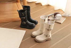 Stylische Vintage-Halbstiefel für Mädchen in Schwarz und Beige mit zwei Schnallen