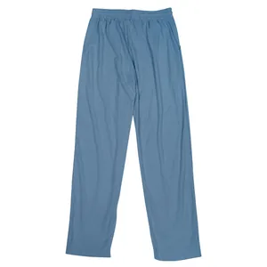 Detail view of blue corduroy men's casual straight-leg pants with elastic waist.