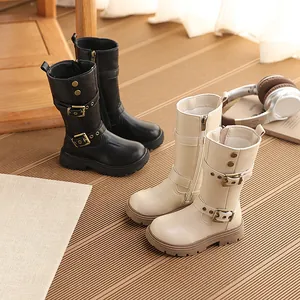 Mädchen Britischer Stil Mittelhohe Stiefel Retro Kunstleder Dicke Sohle Schnalle Winter Warme Rutschfeste Kinderstiefel