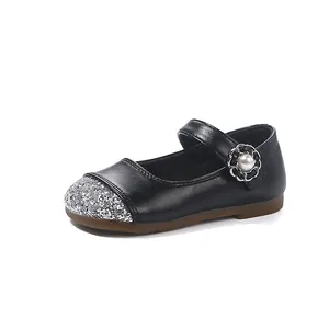 Scarpe da principessa Mary Jane nere da bambina con punta glitterata e fibbia a fiore