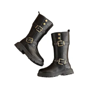 Britische Mid-Calf-Stiefel für Mädchen im Retro-Stil mit Schnallen und dicker Sohle