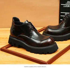 Detail of polished dark brown men's boots with vintage hand-rubbed toe effect