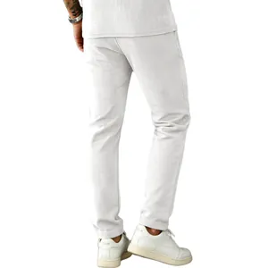 Detailed back view of men's light grey corduroy pants showing the fine rib fabric texture