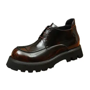 Premium polished dark brown men's leather boots with chunky thick lug soles in British style