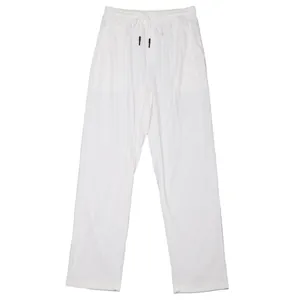 White straight-leg corduroy men's trousers with adjustable drawstring waist detail