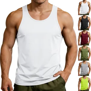 Detailed view of men's athletic racerback tank tops in multiple color options