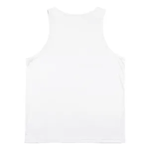 Rear view of white men's quick-dry athletic gym tank top showing racerback design