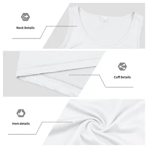 Detailed views of neck, cuff, and hem stitching on white men's quick-dry gym tank top