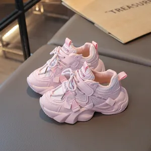 Professional pink girls' mesh running sneakers with breathable fabric and thick soles
