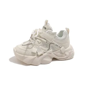 Girls' off-white chunky sports shoes with mesh upper and Velcro strap for spring fashion