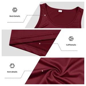 Detail shots of burgundy quick-dry gym tank top showing neck, cuff and hem stitching
