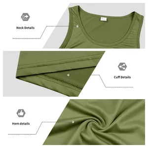 Close-up details of the neckline, armhole, and hem on a green men's sports tank top