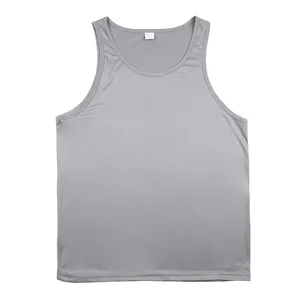 Close-up view of a grey men's quick-dry gym athletic tank top showing neck size tag