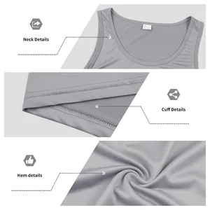 Detailed views of neck, cuff, and hem on a gray quick-dry athletic gym tank top for men