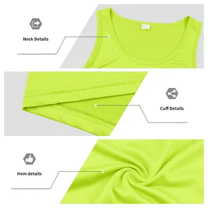 Macro view showing neckline, cuff, and hem details of lime green sports tank top