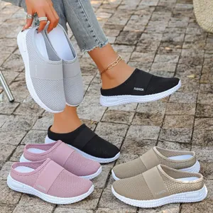 Damen Übergröße Flyknit Netz Sandalen Atmungsaktiv Weiche Sohle Slipper Mules Lässige Flache Slides Sommer Komfort Wanderschuhe