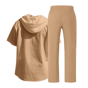 Men's loose linen hooded short-sleeved shirt and straight pants leisure set in khaki color