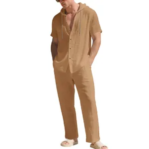 Full view detail of men's casual khaki linen hooded shirt and straight pants set