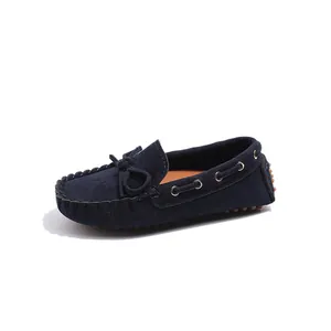 Classic navy blue suede loafers for kids with bow decoration and anti-slip rubber sole