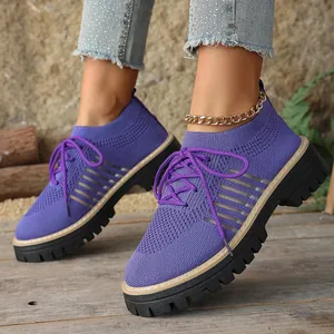 Women's purple knit lace-up shoes with thick breathable soles for casual wear